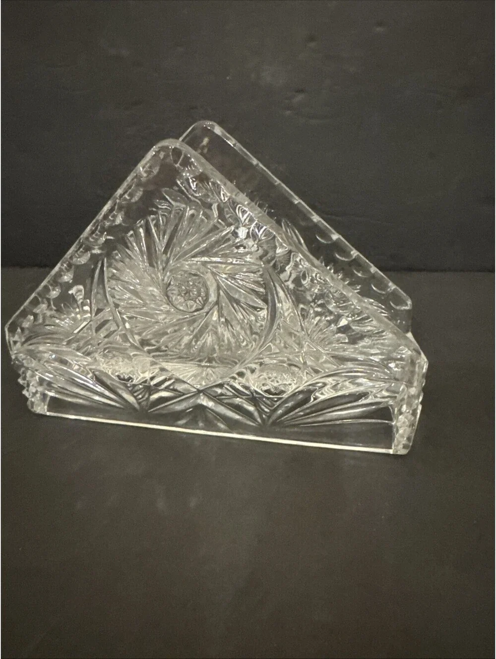 Vintage Triangle 6” Crystal Napkin Letter Holder Pinwheel Hobstar Scalloped Edge